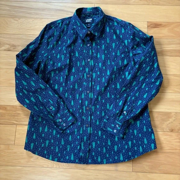 Lands End Christmas Shirt Womens Sz 10 Holiday Long Sleeve Button Up - Picture 2 of 7